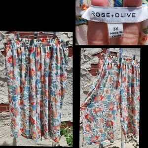 3X 20W Rose & Olive Pullon Pants Elastic Waist Floral Cropped Wide Leg Hawaiian